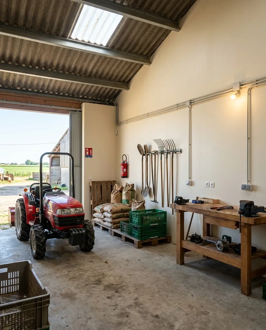 Bâtiment agricole servant de remise, tracteur et palettes, porte ouverte sur les champs