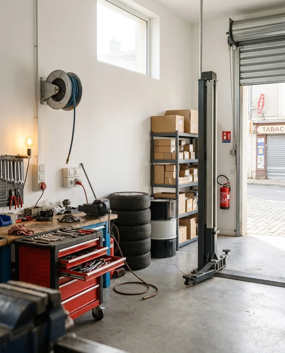 Atelier de réparation automobile vide, servante à outils et pont élévateur