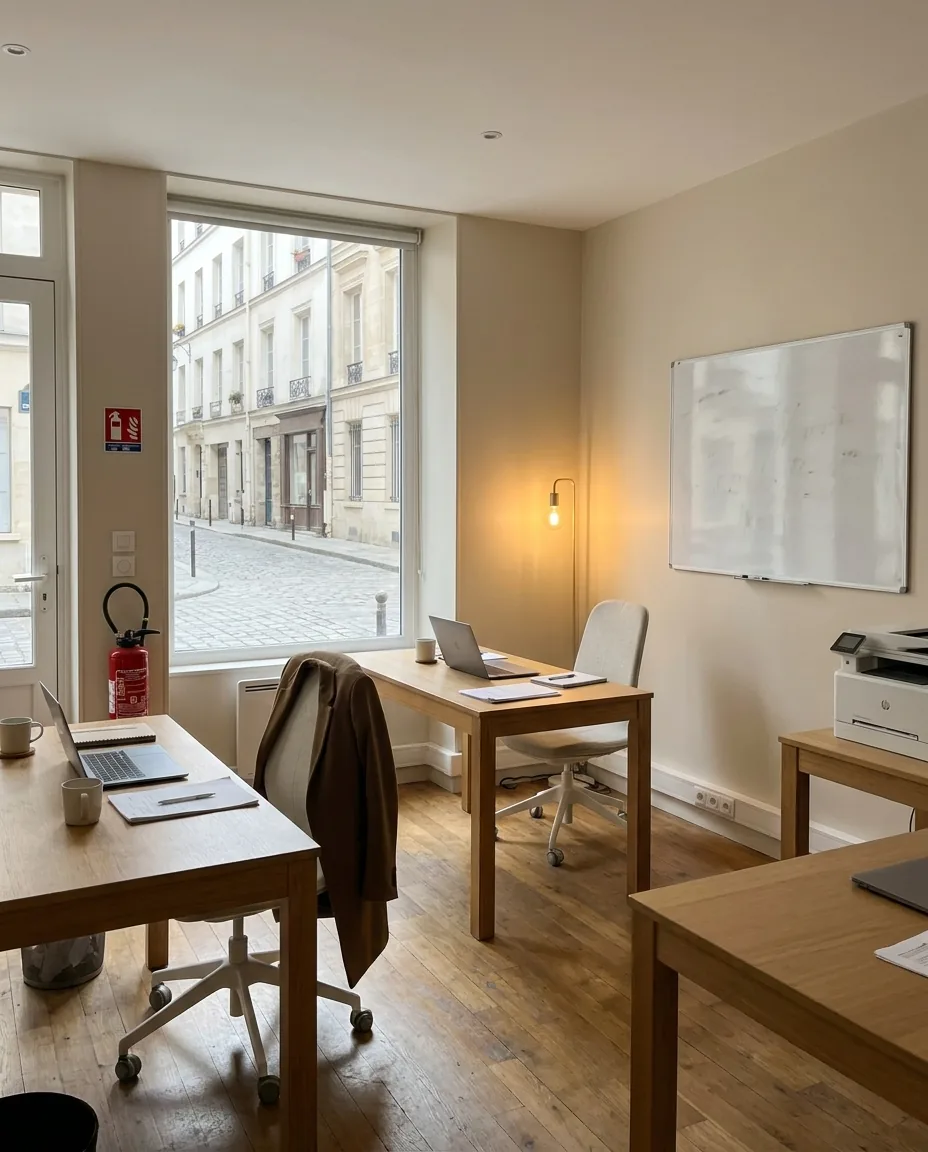 Bureau de PME vide en fin de journée, postes de travail et tableau blanc