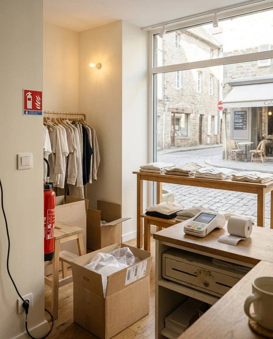 Intérieur d'une boutique fermée, cartons de livraison en attente près du comptoir
