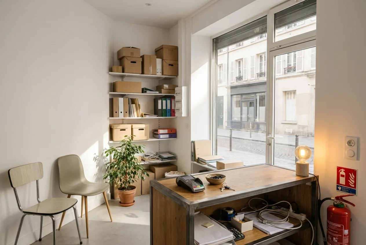 Comptoir d'accueil d'un petit local professionnel, vide en fin de journée