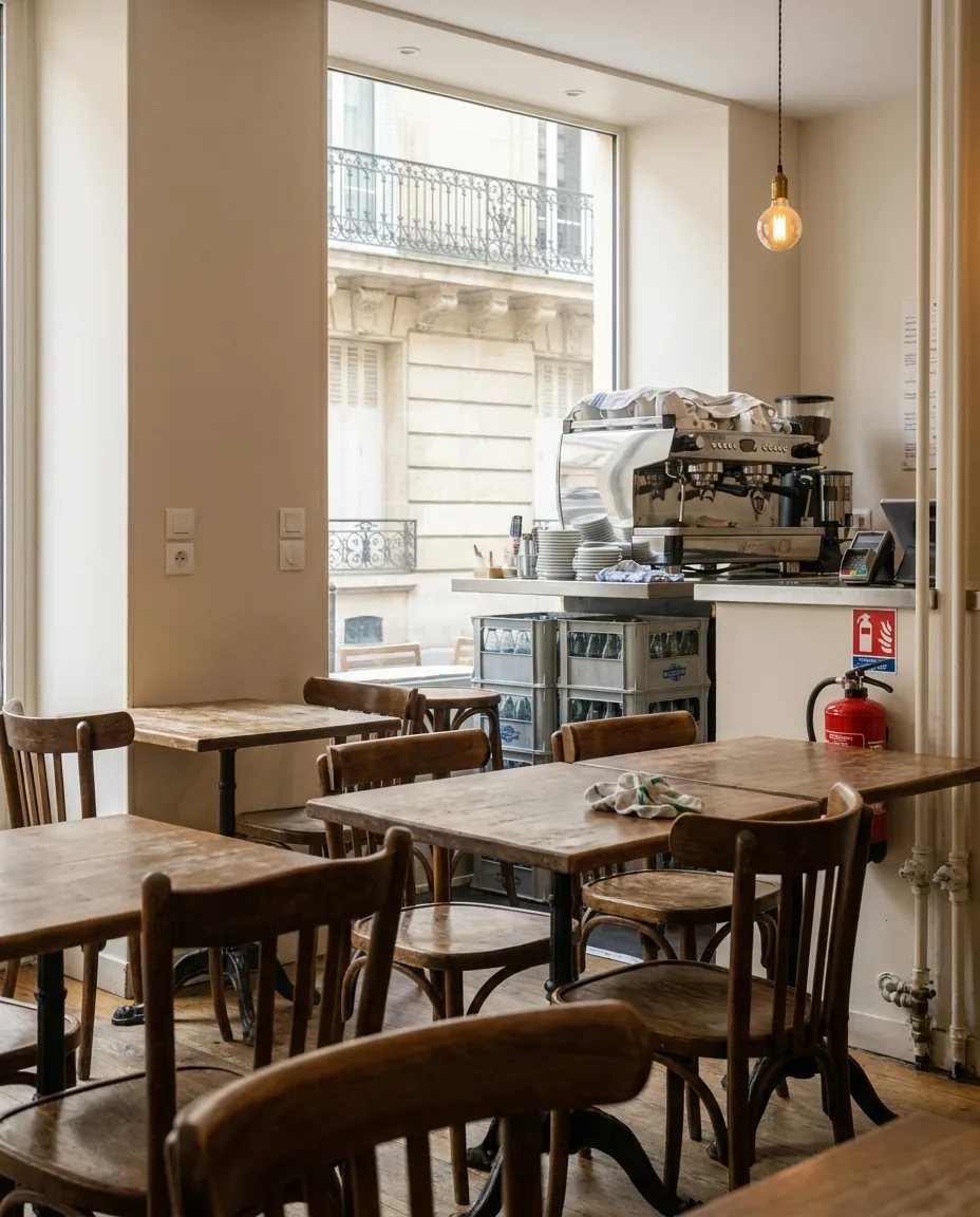 Salle d'un bistrot vide avant le service, tables et chaises en bois, comptoir au fond